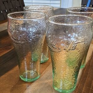 1970s Classic Coca-Cola Glasses 16 oz Light Green Pebble Texture, Indiana Glass